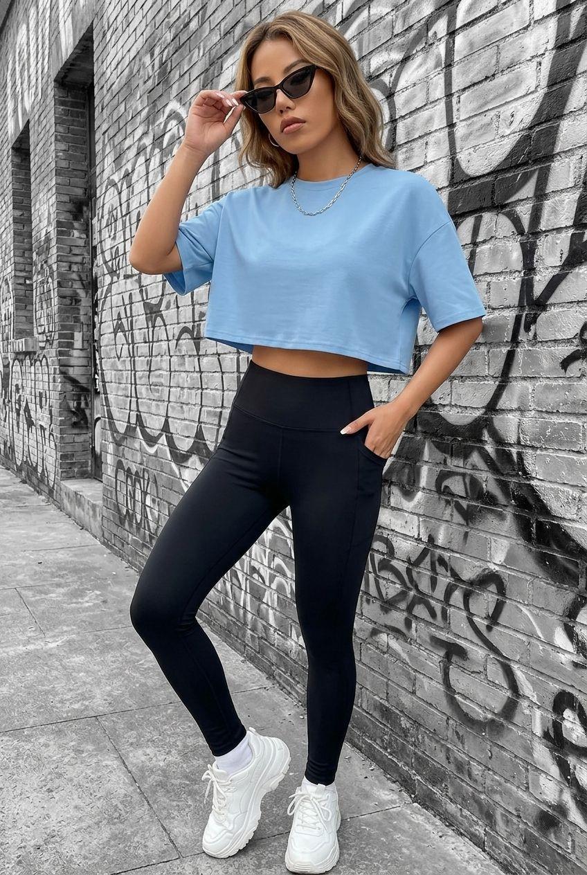 Cezyy Bisiklet Yaka Basic Oversize Crop Tişört - Pamuklu Rahat Kesim