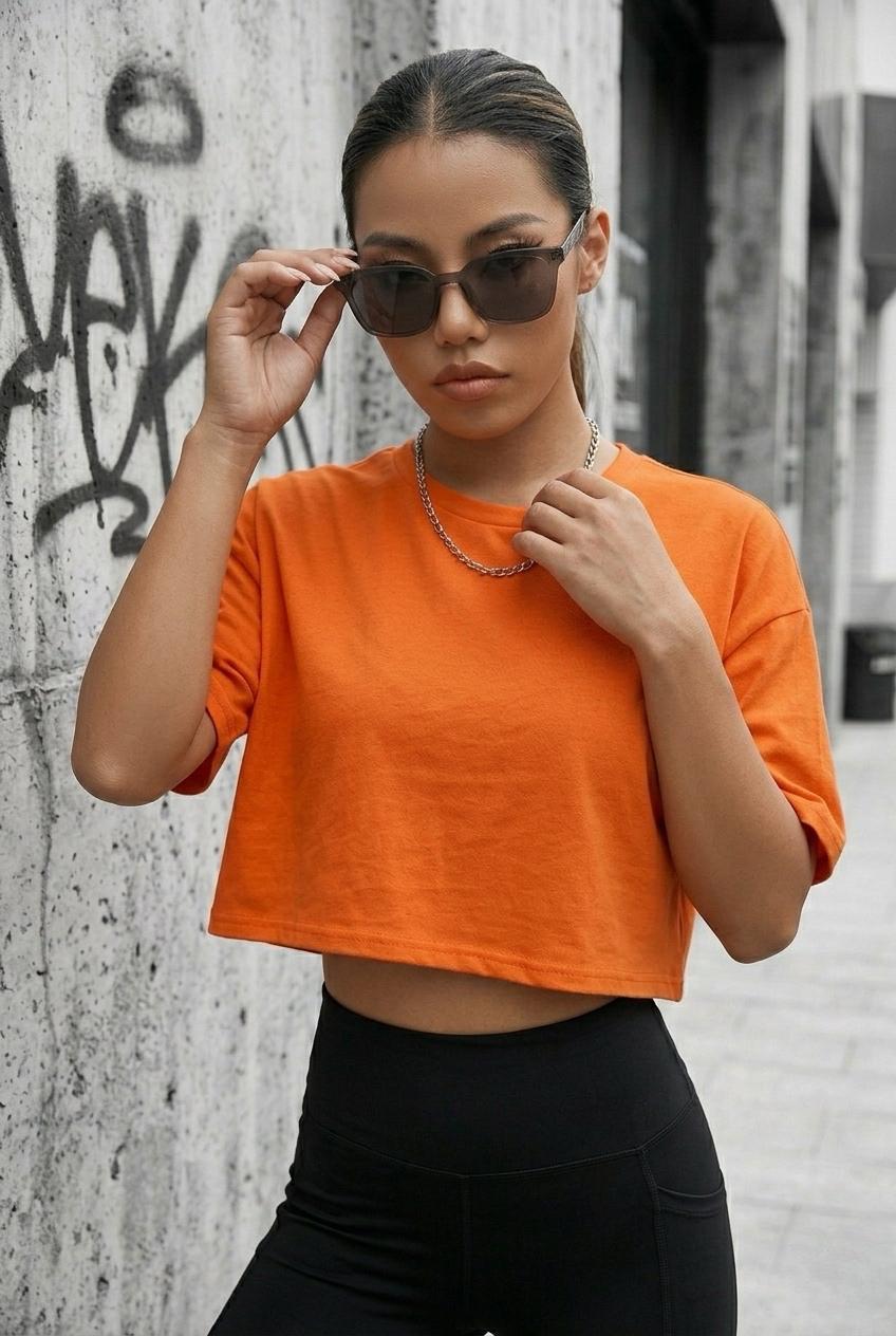 Cezyy Bisiklet Yaka Basic Oversize Crop Tişört - Pamuklu Rahat Kesim