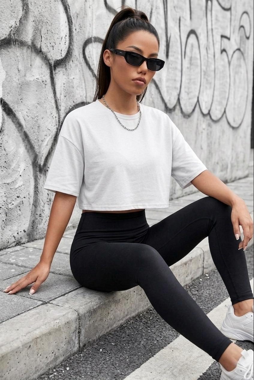 Cezyy Bisiklet Yaka Basic Oversize Crop Tişört - Pamuklu Rahat Kesim