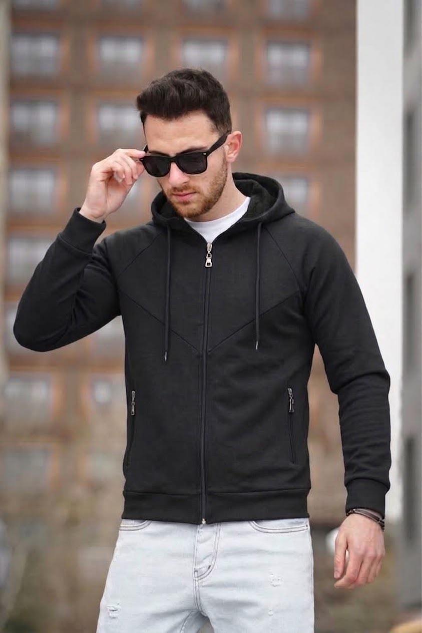 Chev Micro İnterlok Kapüşonlu Fermuarlı Hırka Sweatshirt
