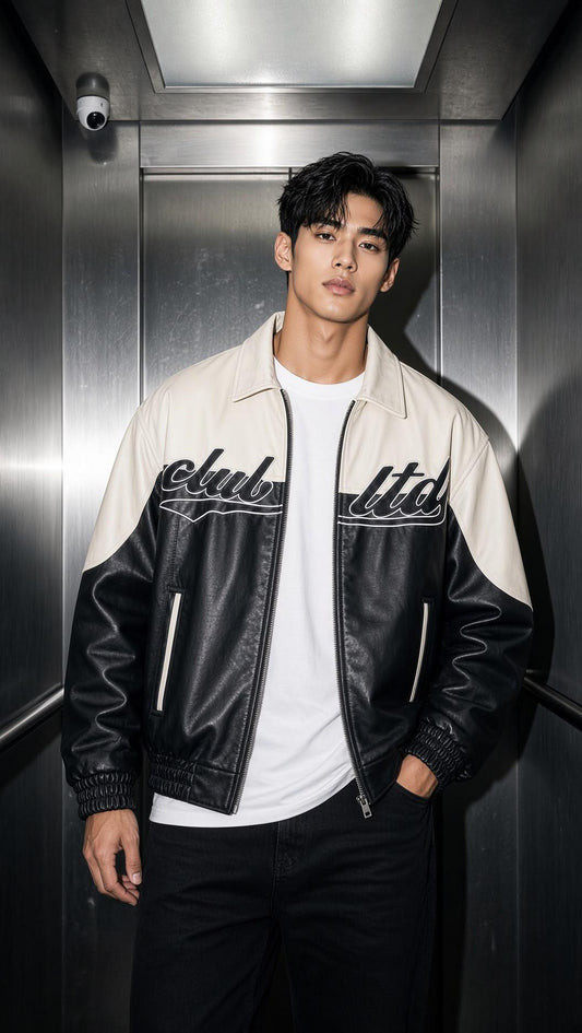 Club Ltd Nakış Detaylı Vintage Colorblock Gömlek Yaka Deri Bomber Ceket