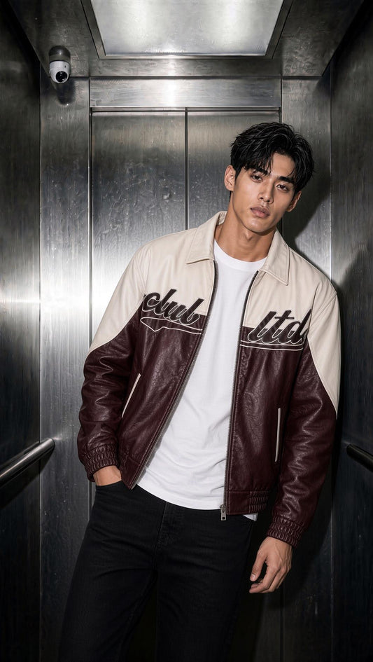 Club Ltd Nakış Detaylı Vintage Colorblock Gömlek Yaka Deri Bomber Ceket