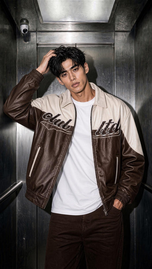 Club Ltd Nakış Detaylı Vintage Colorblock Gömlek Yaka Deri Bomber Ceket