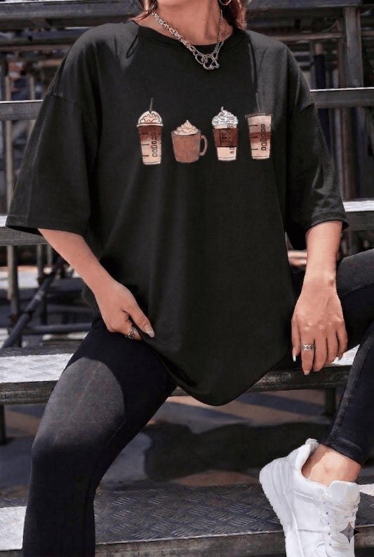Coffee Lover Baskılı Unisex Oversize T-Shirt - Büyük Beden Seçenekli