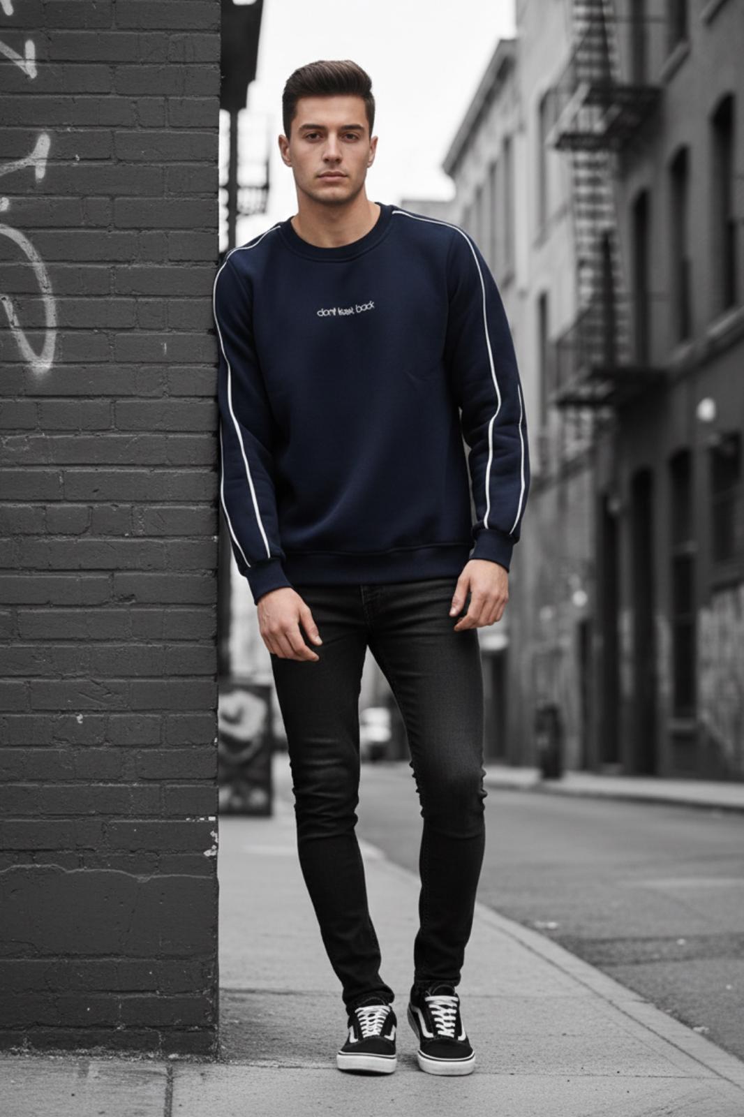 Dont Look Slim Fit Üç İplik Şardonlu Bisiklet Yaka Erkek Sweatshirt