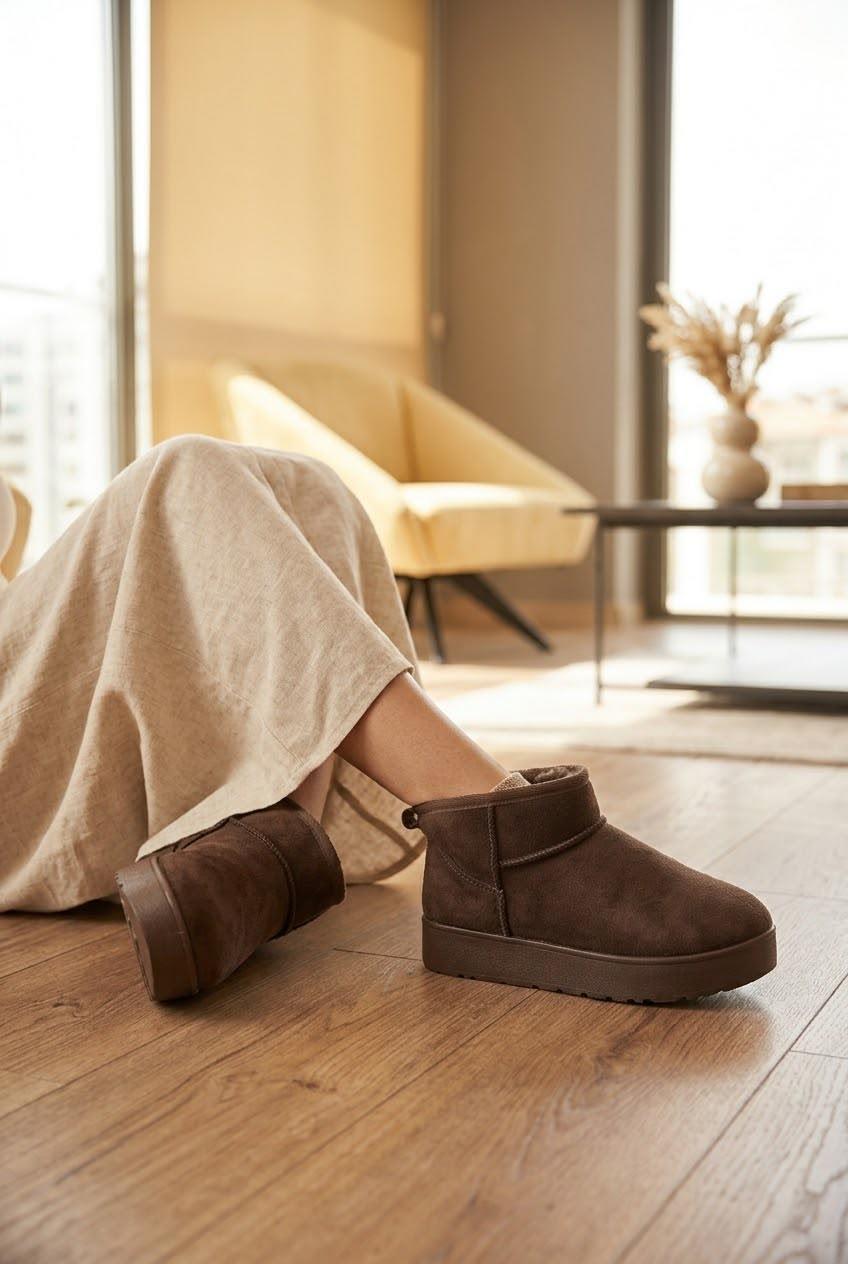 Cozy Kadın İçi Kürklü Süet Kısa Bot - Kalın Taban Mini Kar Botu