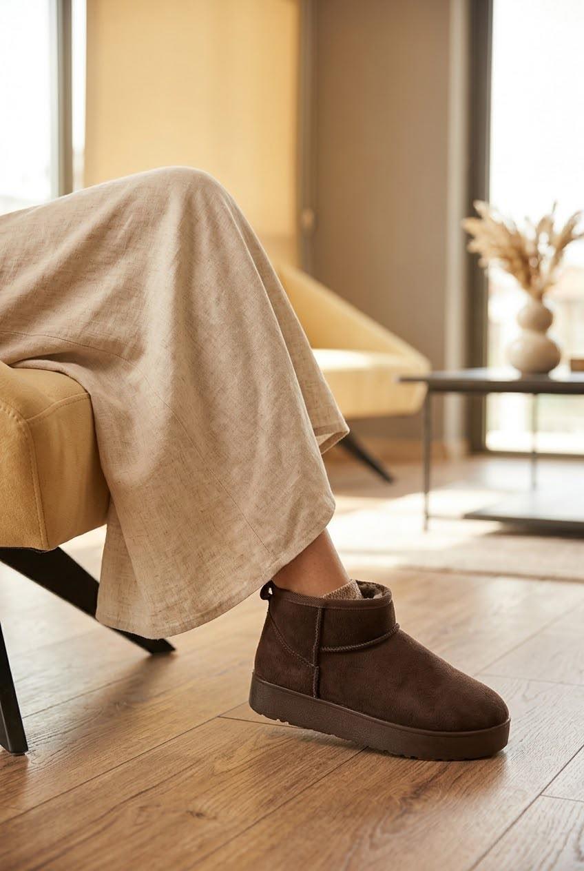 Cozy Kadın İçi Kürklü Süet Kısa Bot - Kalın Taban Mini Kar Botu