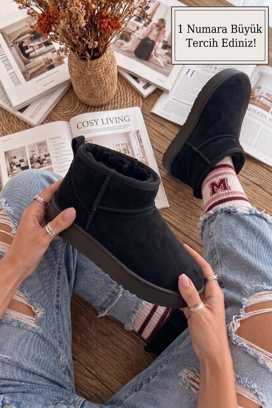Cozy Kadın İçi Kürklü Süet Kısa Bot - Kalın Taban Mini Kar Botu