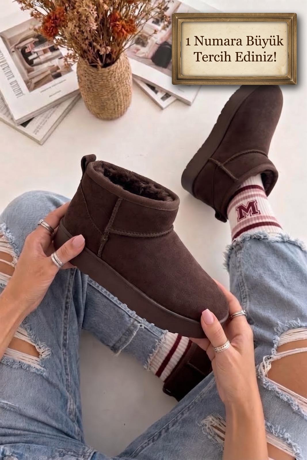 Cozy Kadın İçi Kürklü Süet Kısa Bot - Kalın Taban Mini Kar Botu