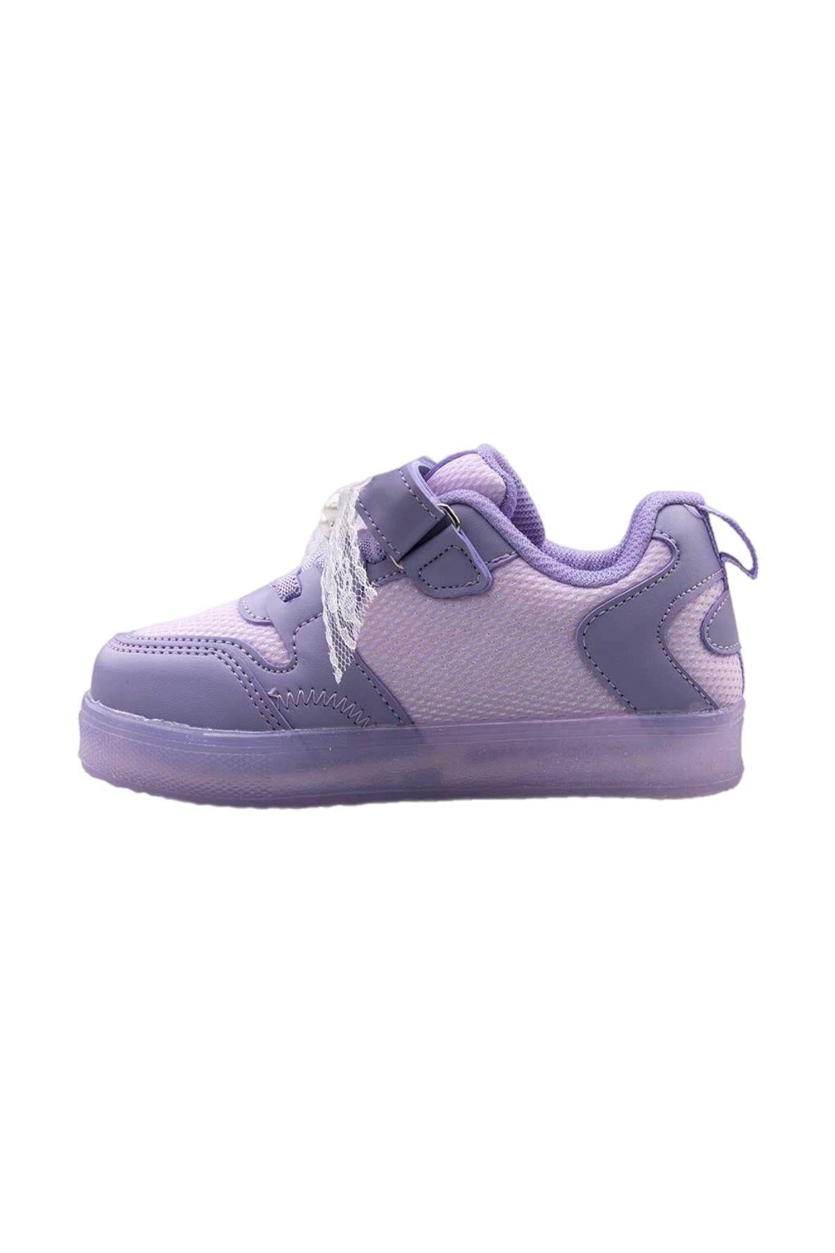 Cpx Figürlü Kız Çocuk Işıklı Sneaker Şık Dantel Fiyonk ve İnci Detaylı Ayakkabı