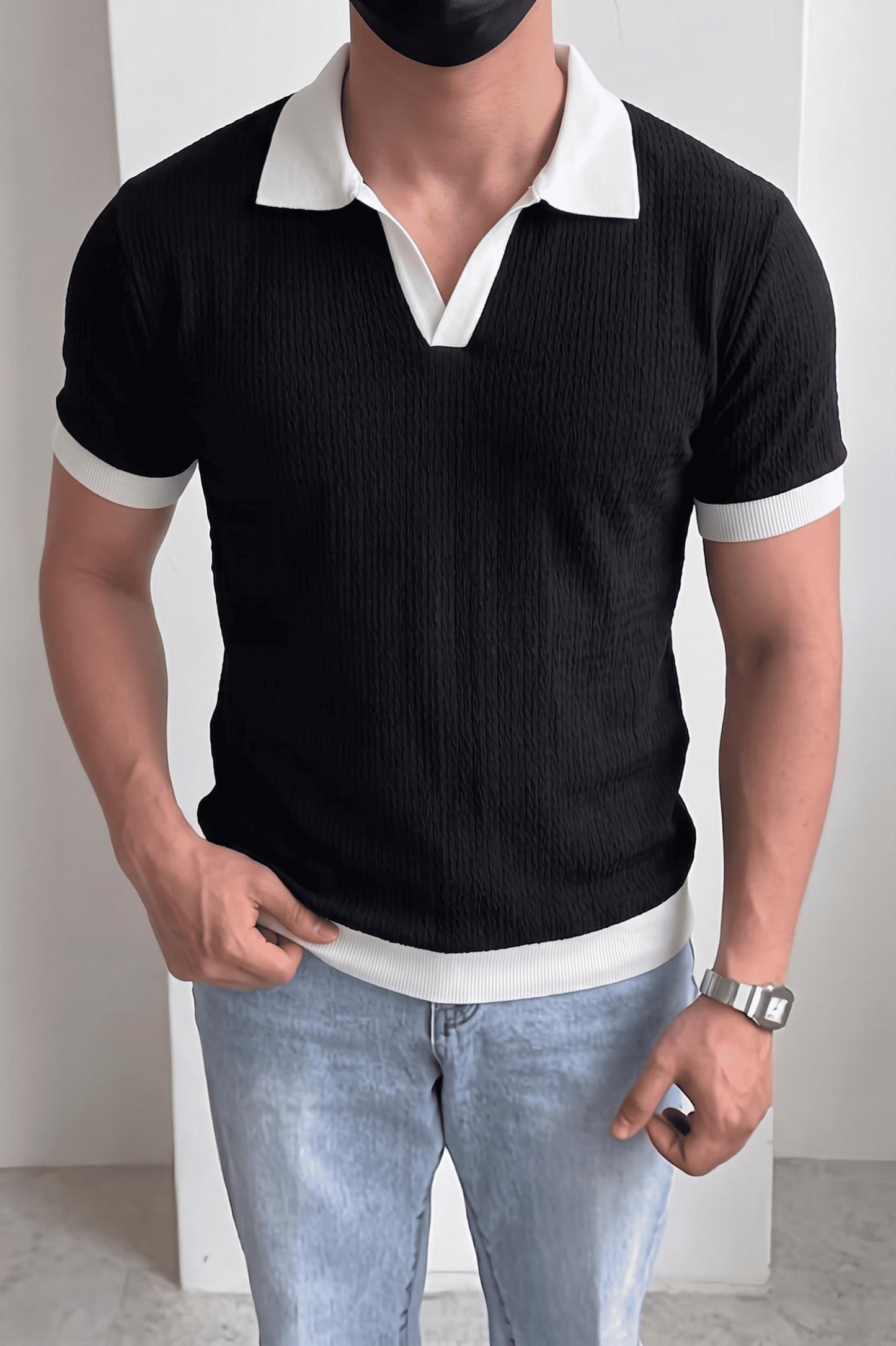 Cube Erkek Slim Fit Jakarlı Polo Yaka Triko Tişört - Kontrast Şeritli Örme Buklet
