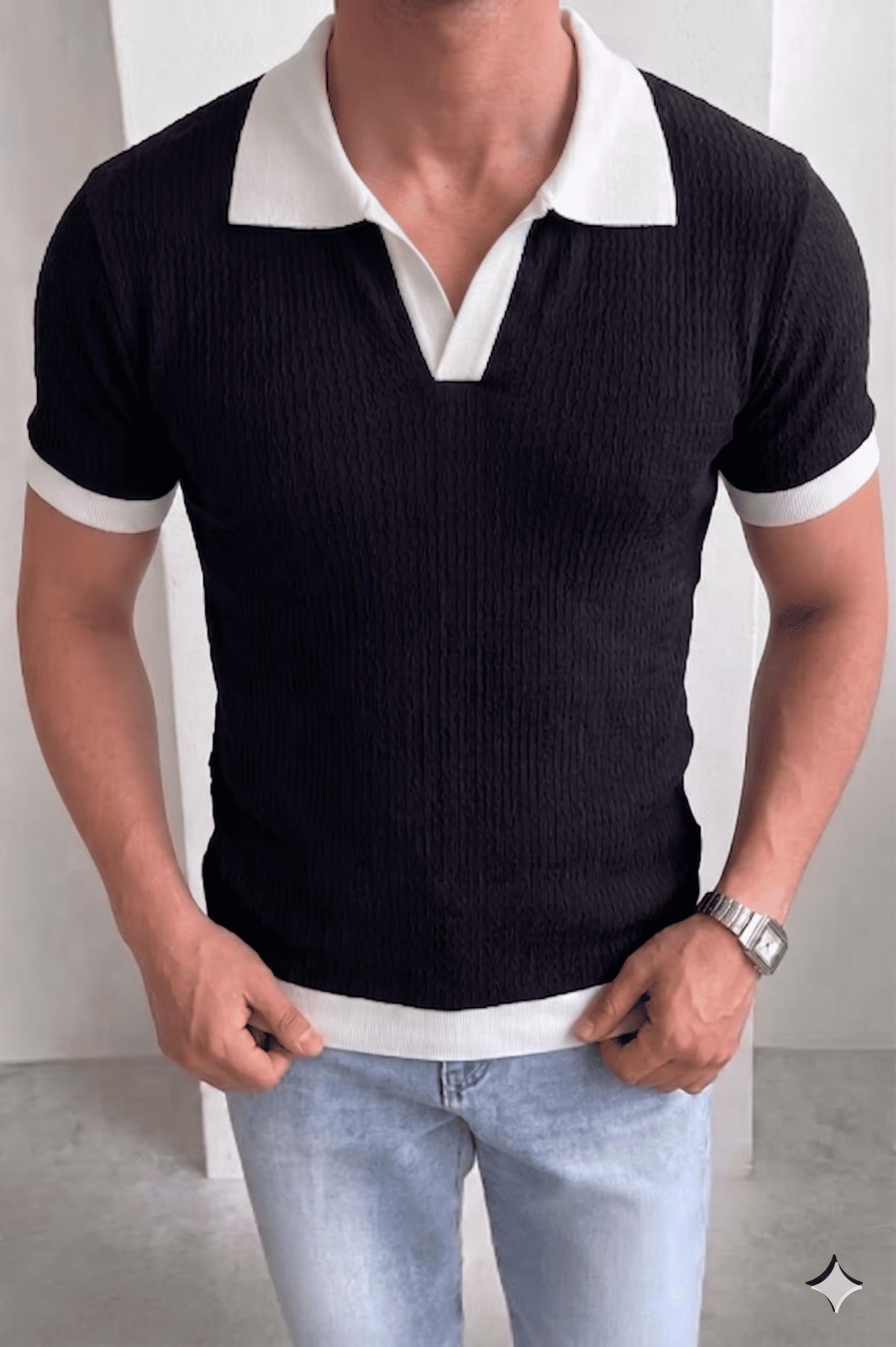 Cube Erkek Slim Fit Jakarlı Polo Yaka Triko Tişört - Kontrast Şeritli Örme Buklet