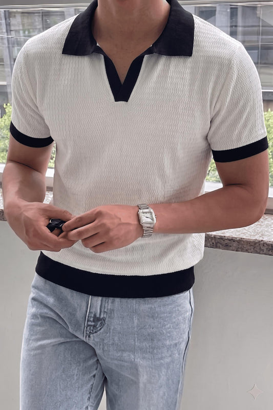 Cube Erkek Slim Fit Jakarlı Polo Yaka Triko Tişört - Kontrast Şeritli Örme Buklet