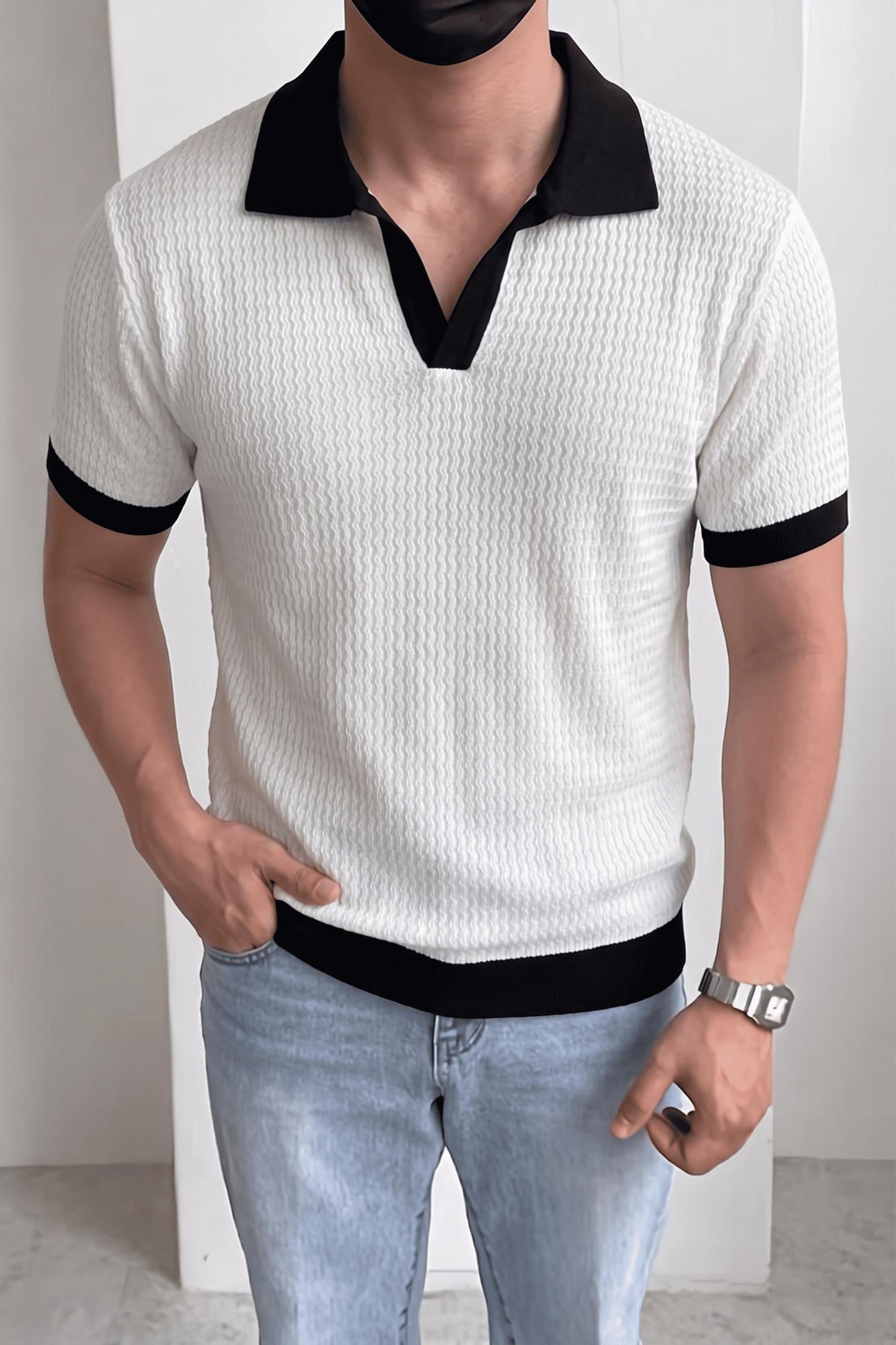 Cube Erkek Slim Fit Jakarlı Polo Yaka Triko Tişört - Kontrast Şeritli Örme Buklet
