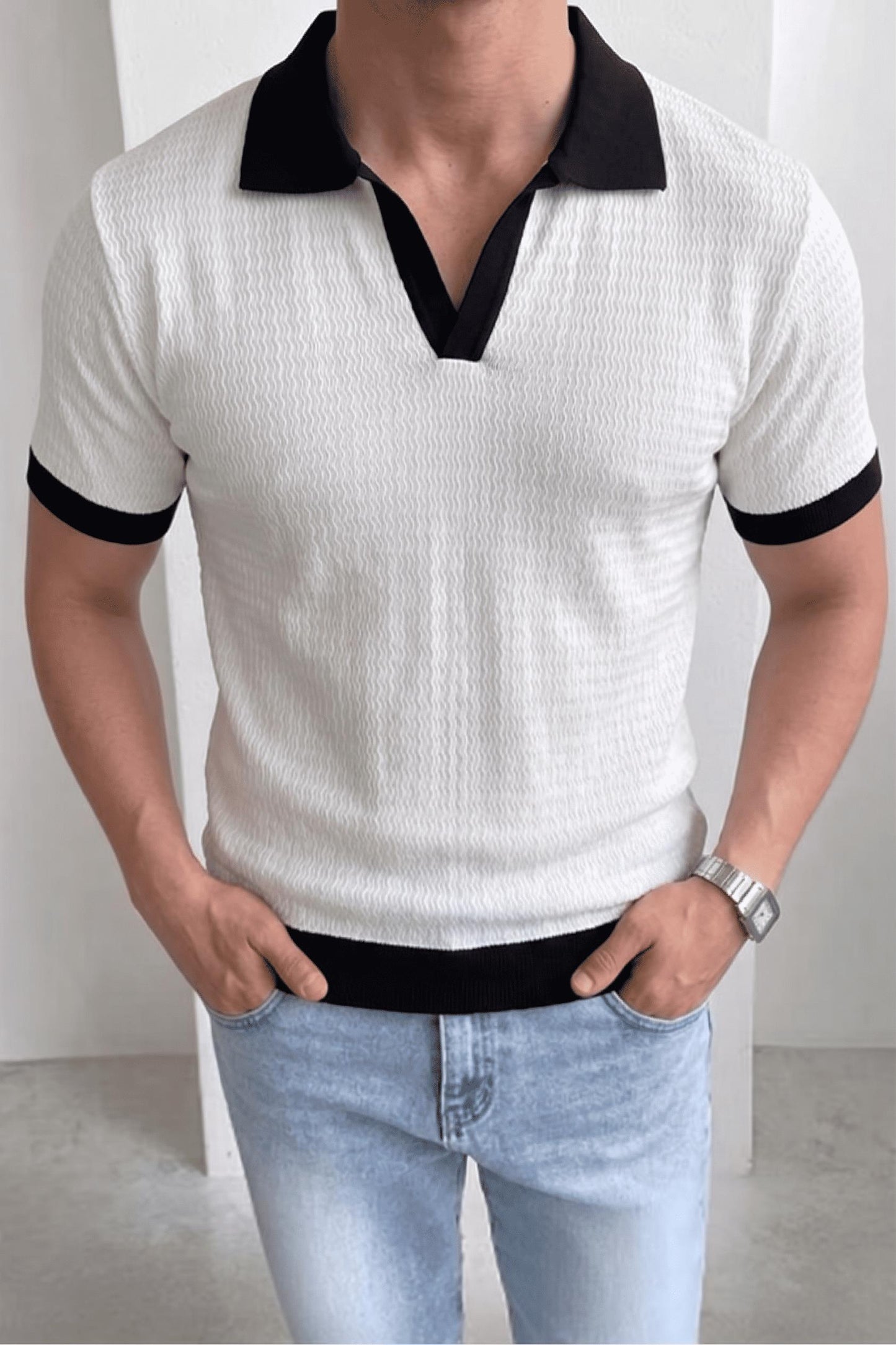 Cube Erkek Slim Fit Jakarlı Polo Yaka Triko Tişört - Kontrast Şeritli Örme Buklet