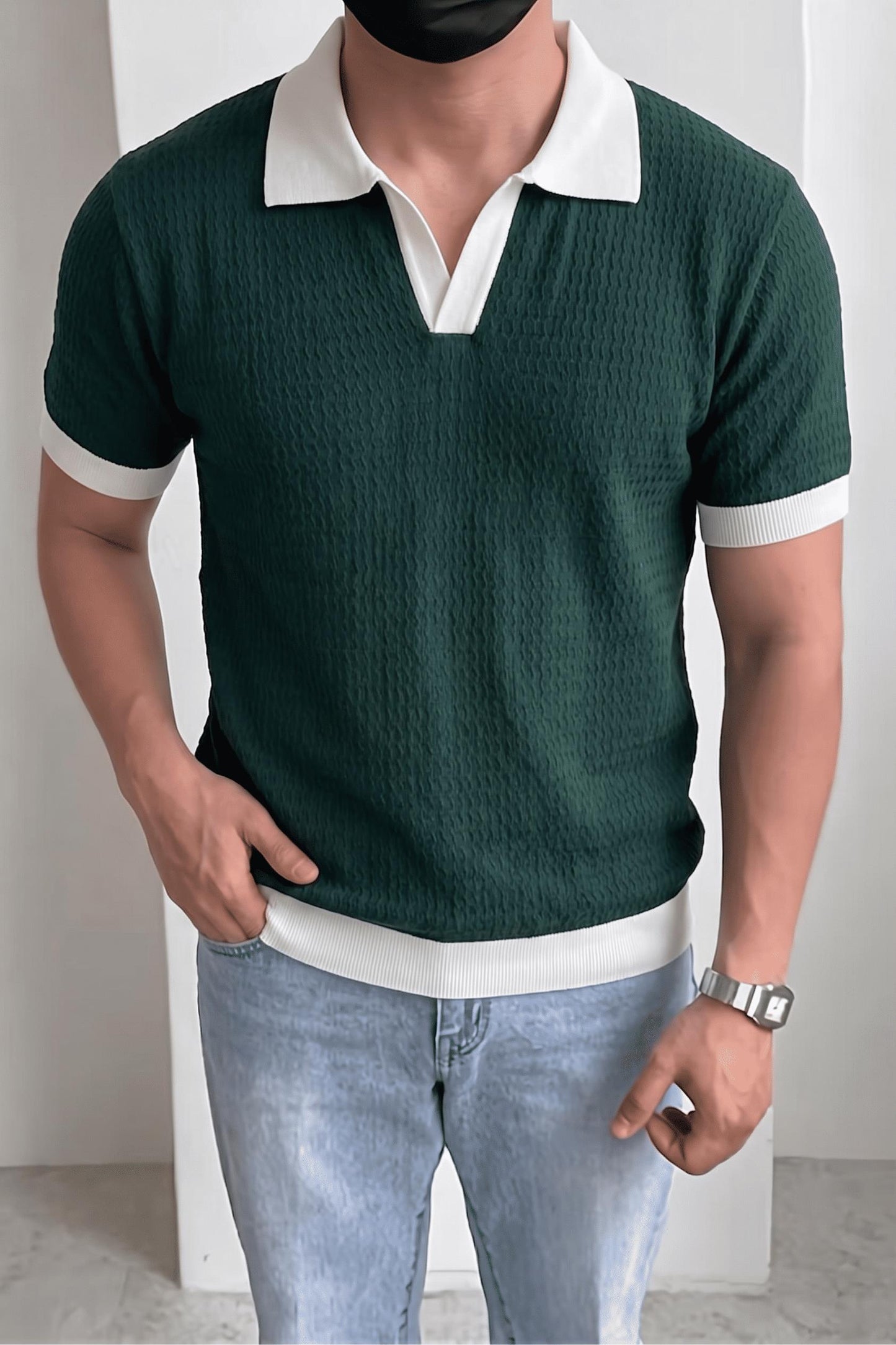 Cube Erkek Slim Fit Jakarlı Polo Yaka Triko Tişört - Kontrast Şeritli Örme Buklet
