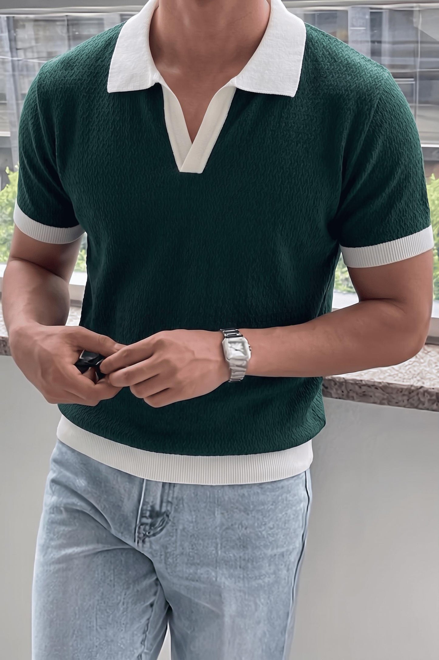 Cube Erkek Slim Fit Jakarlı Polo Yaka Triko Tişört - Kontrast Şeritli Örme Buklet