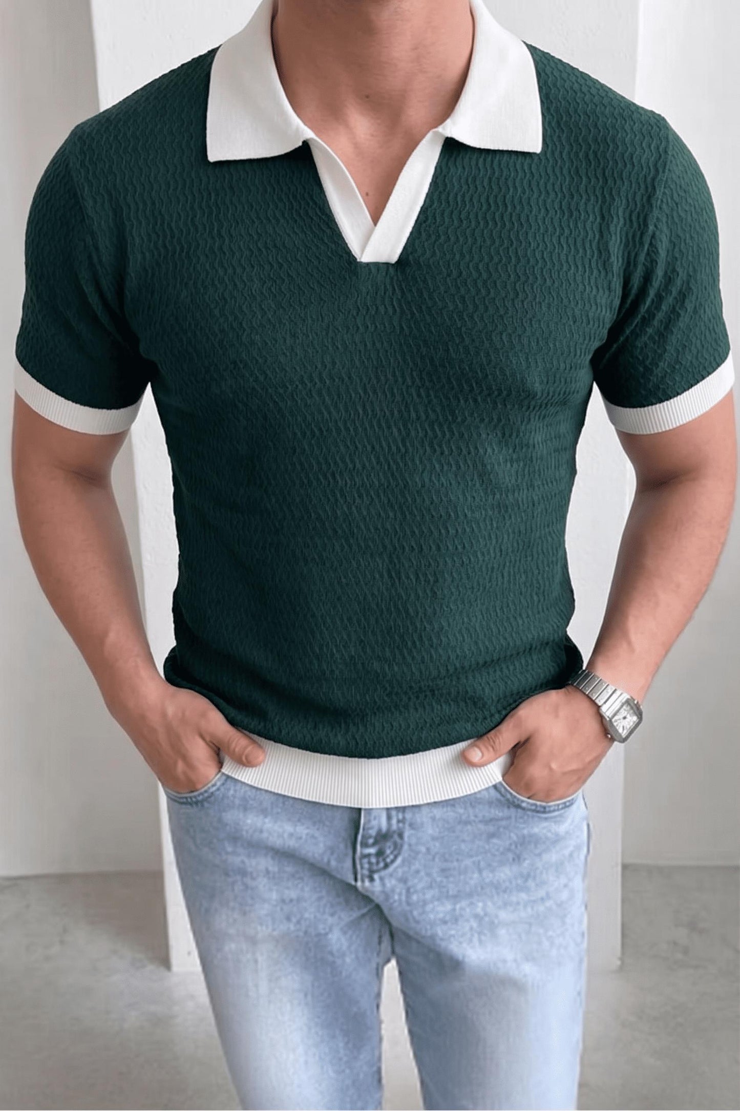 Cube Erkek Slim Fit Jakarlı Polo Yaka Triko Tişört - Kontrast Şeritli Örme Buklet