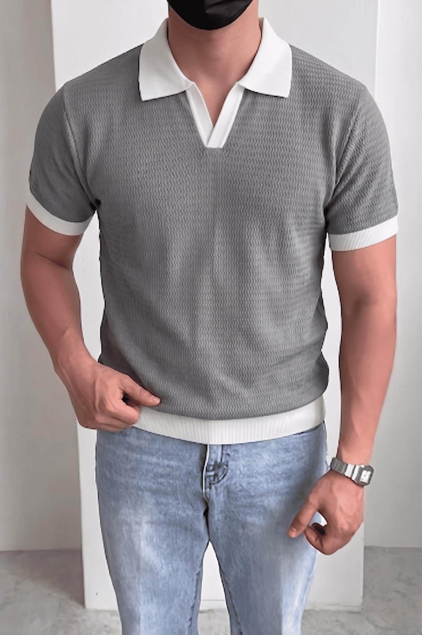 Cube Erkek Slim Fit Jakarlı Polo Yaka Triko Tişört - Kontrast Şeritli Örme Buklet