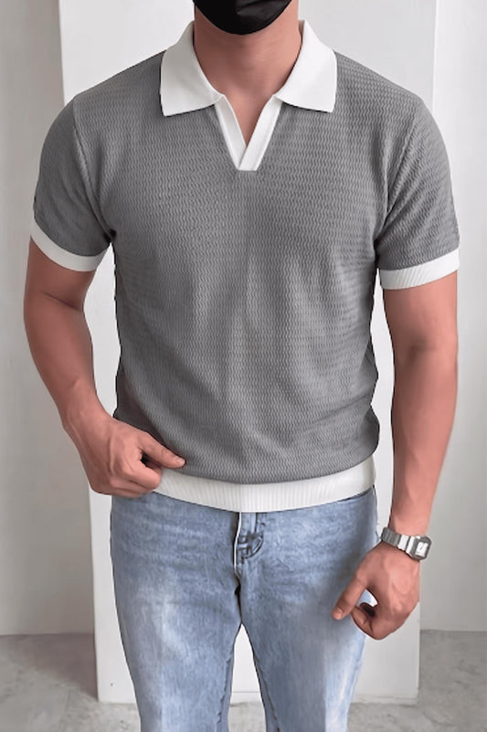 Cube Erkek Slim Fit Jakarlı Polo Yaka Triko Tişört - Kontrast Şeritli Örme Buklet