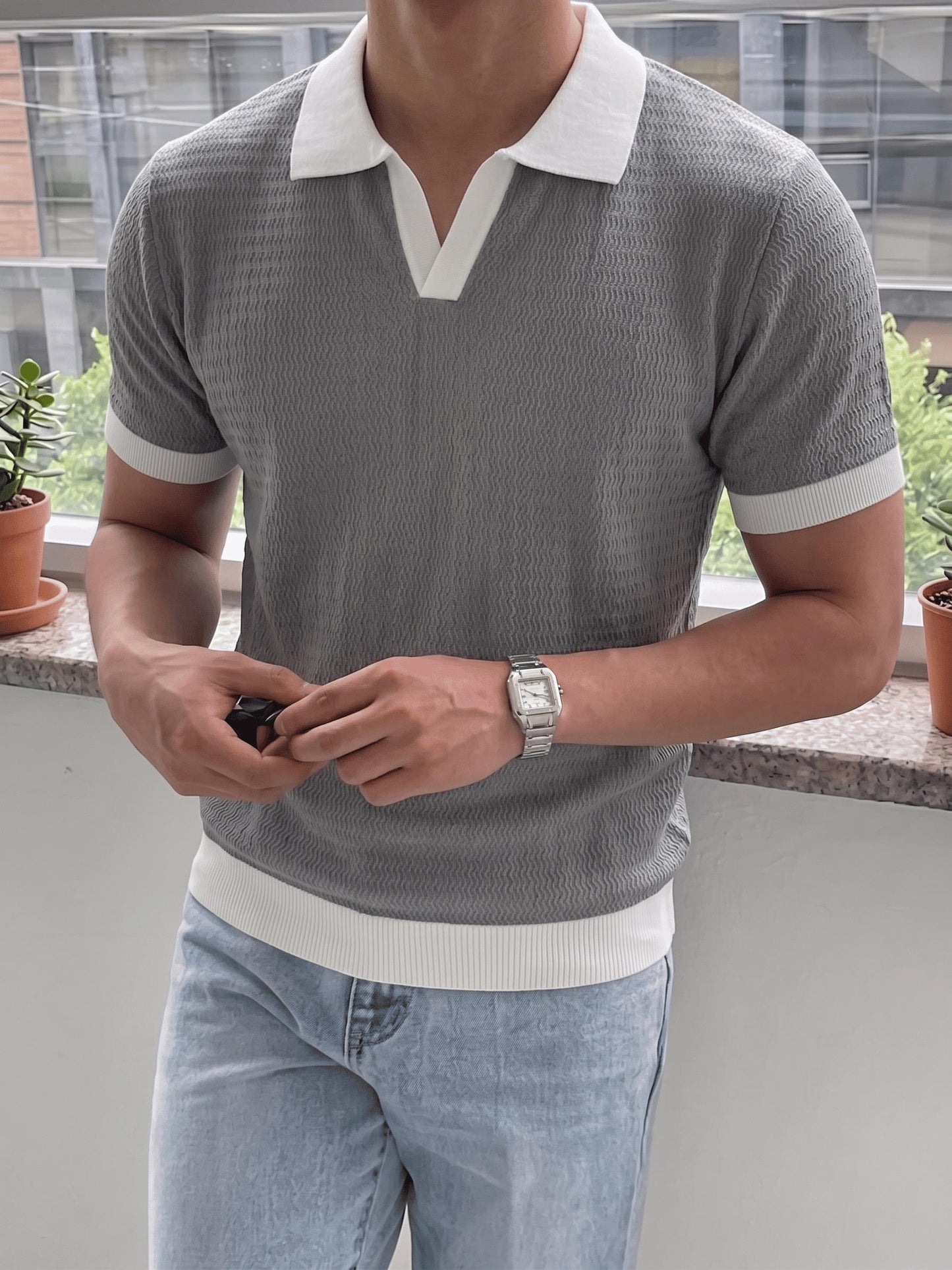 Cube Erkek Slim Fit Jakarlı Polo Yaka Triko Tişört - Kontrast Şeritli Örme Buklet