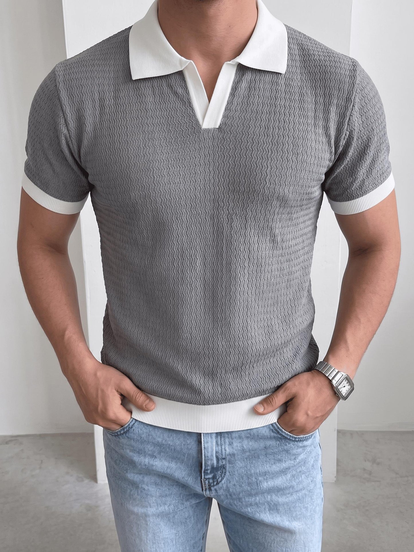 Cube Erkek Slim Fit Jakarlı Polo Yaka Triko Tişört - Kontrast Şeritli Örme Buklet