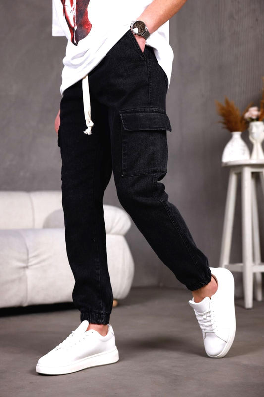 Dasser Paçası ve Beli Lastikli Slim Fit Likralı Kot Kargo Pantolon