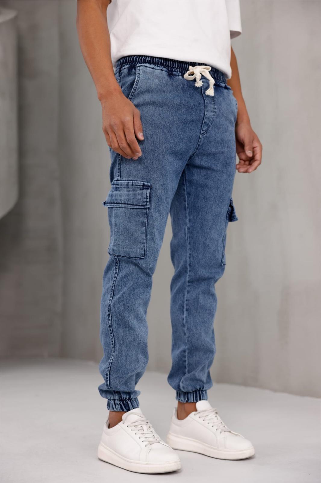Dasser Paçası ve Beli Lastikli Slim Fit Likralı Kot Kargo Pantolon