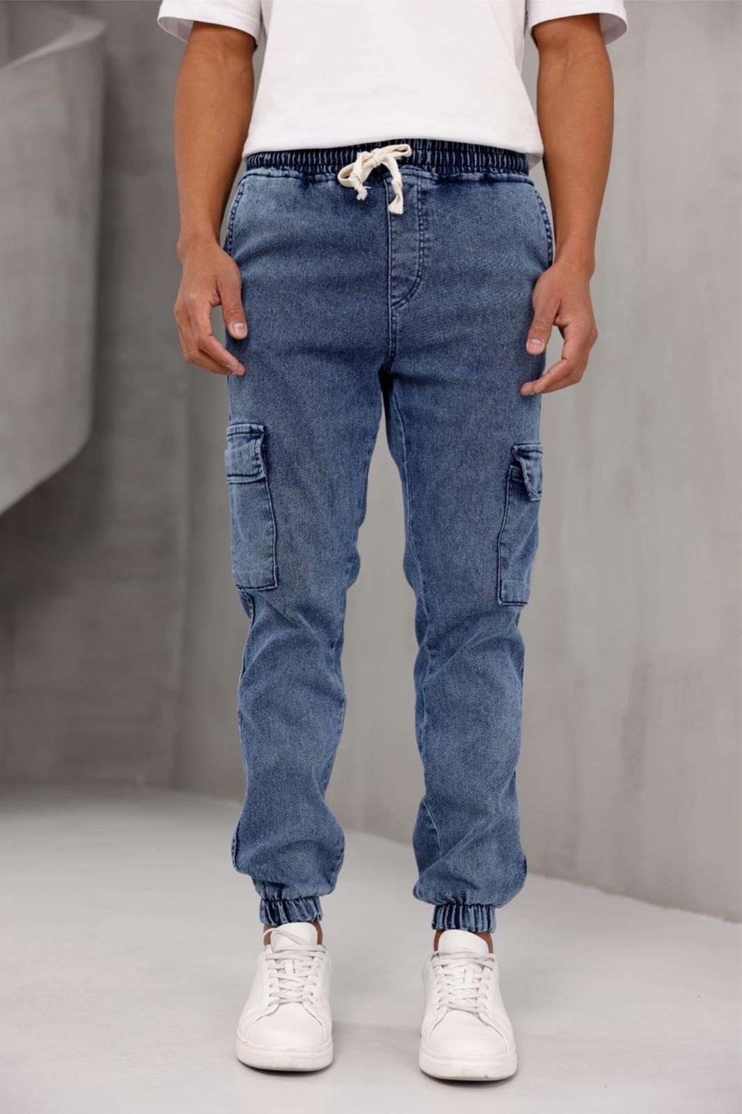 Dasser Paçası ve Beli Lastikli Slim Fit Likralı Kot Kargo Pantolon