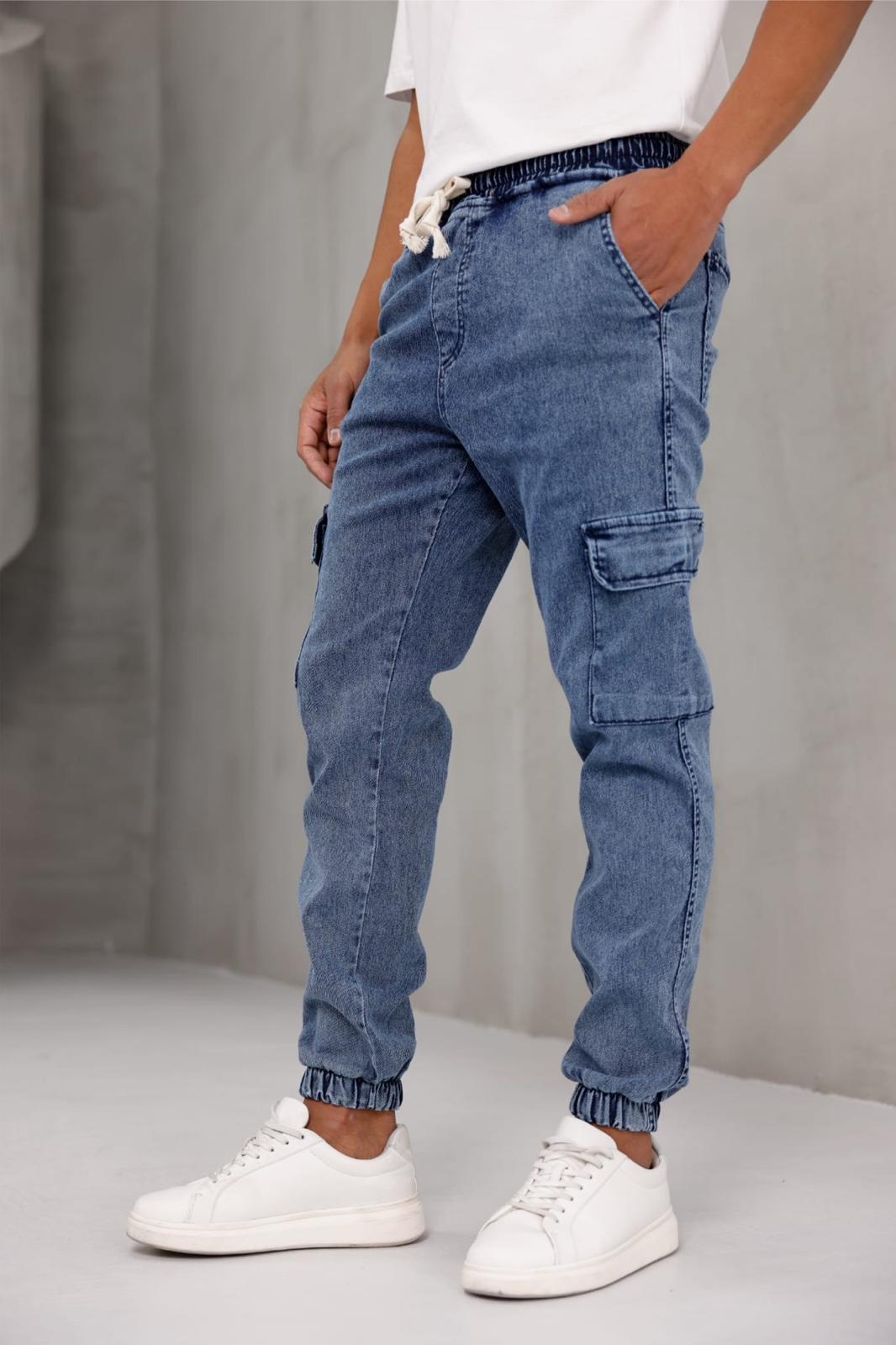 Dasser Paçası ve Beli Lastikli Slim Fit Likralı Kot Kargo Pantolon