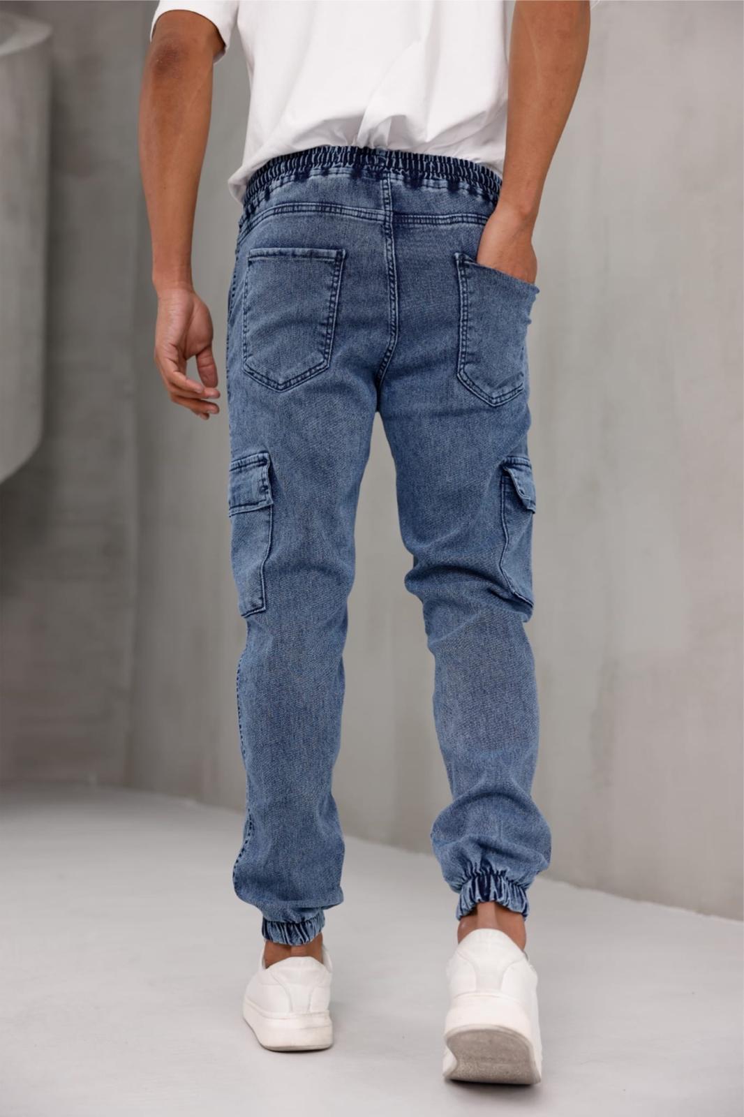 Dasser Paçası ve Beli Lastikli Slim Fit Likralı Kot Kargo Pantolon
