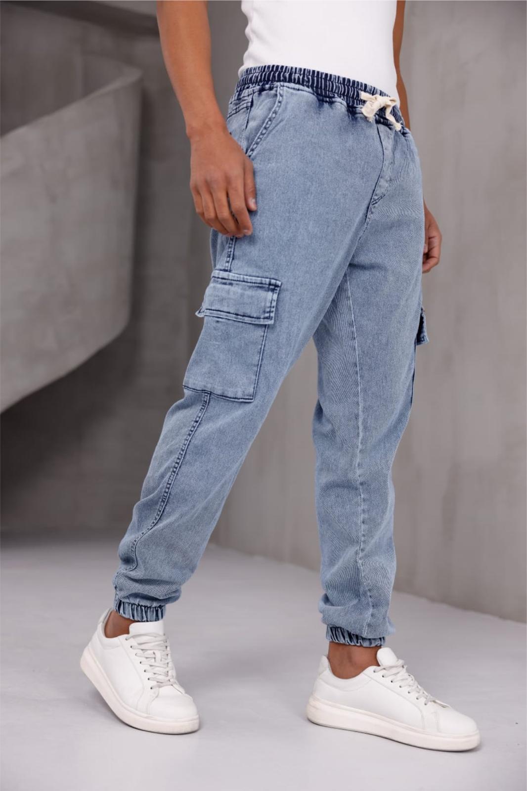 Dasser Paçası ve Beli Lastikli Slim Fit Likralı Kot Kargo Pantolon