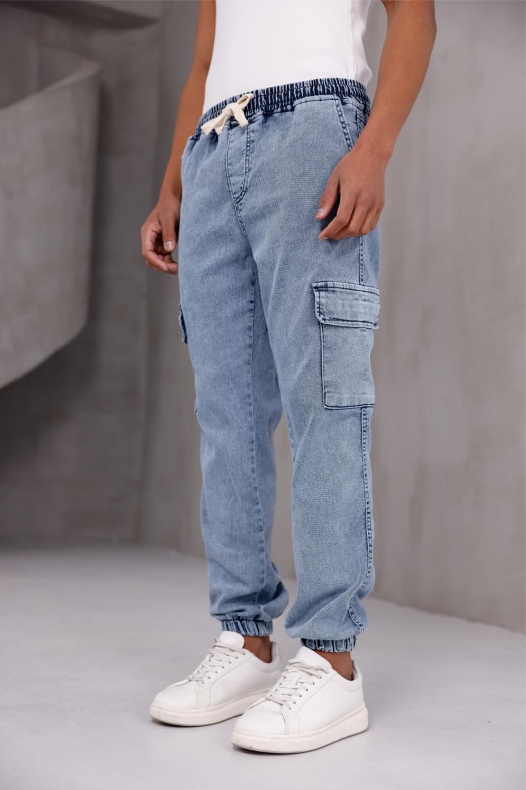 Dasser Paçası ve Beli Lastikli Slim Fit Likralı Kot Kargo Pantolon