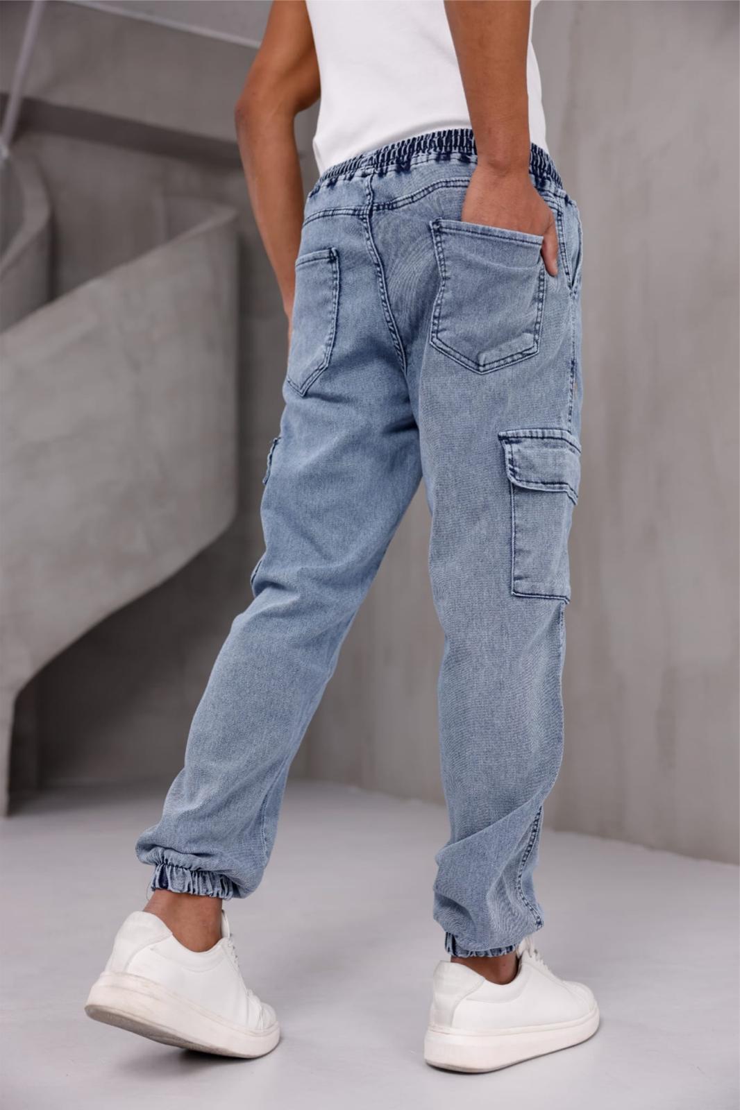 Dasser Paçası ve Beli Lastikli Slim Fit Likralı Kot Kargo Pantolon