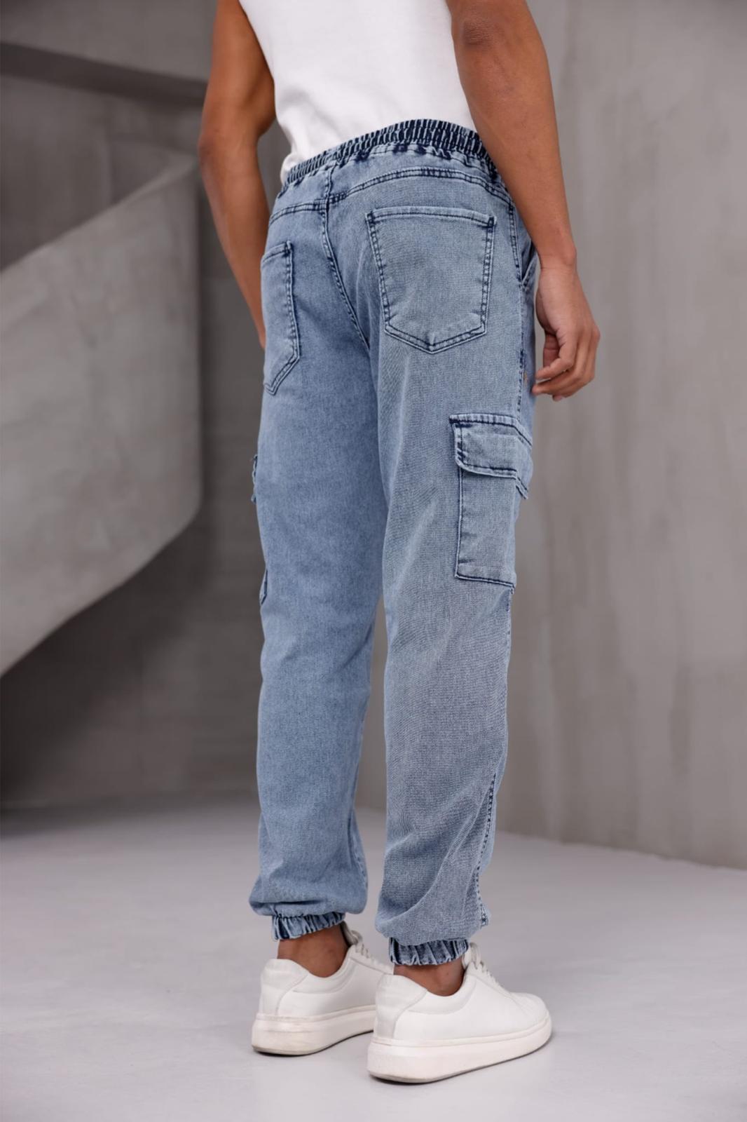 Dasser Paçası ve Beli Lastikli Slim Fit Likralı Kot Kargo Pantolon