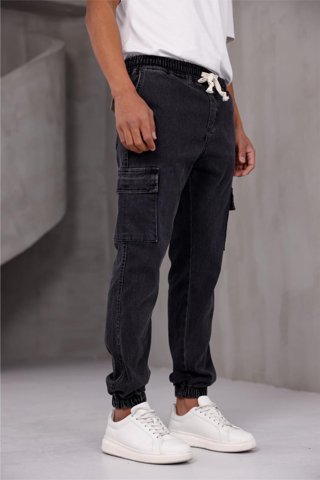 Dasser Paçası ve Beli Lastikli Slim Fit Likralı Kot Kargo Pantolon