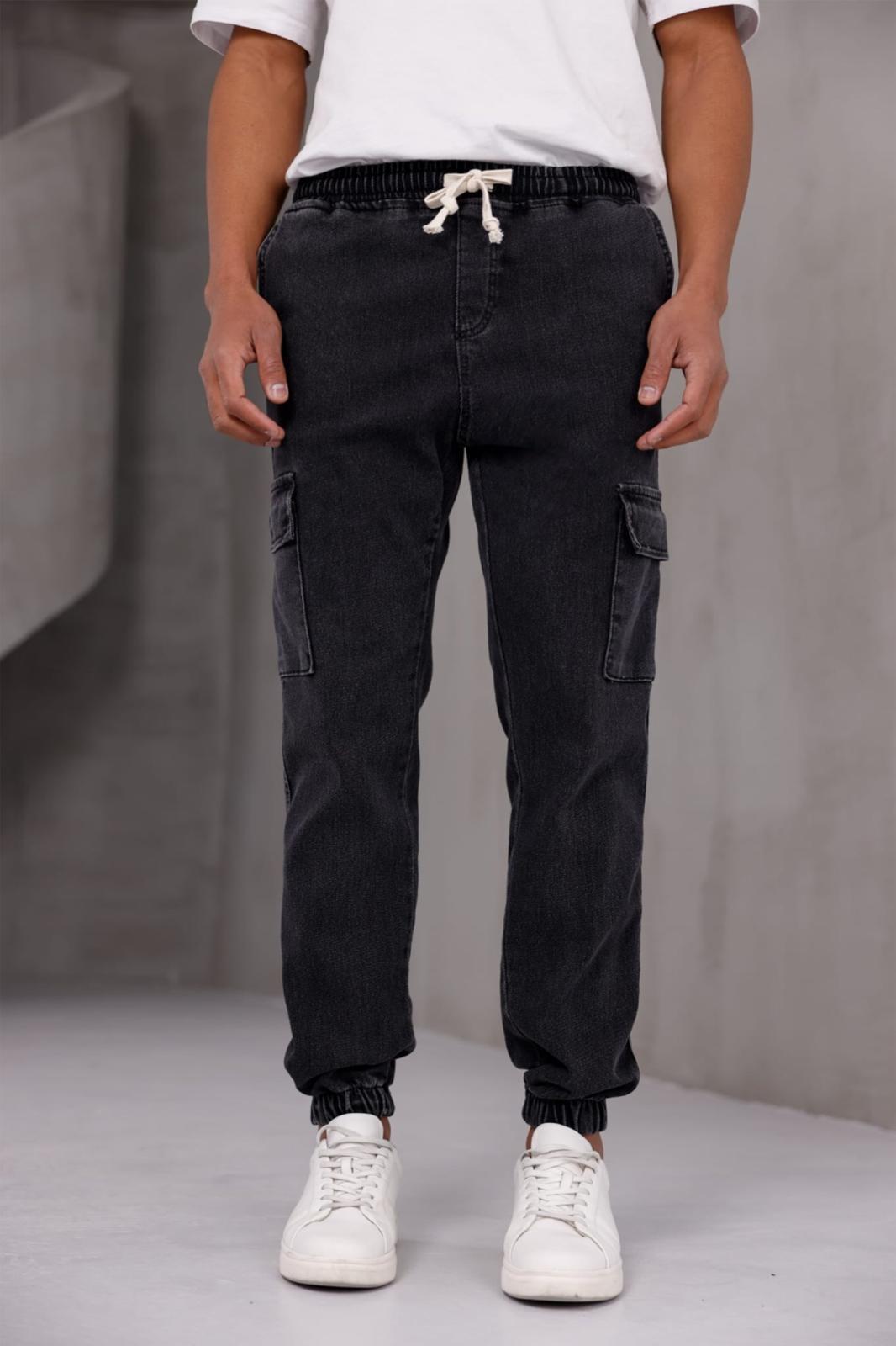 Dasser Paçası ve Beli Lastikli Slim Fit Likralı Kot Kargo Pantolon