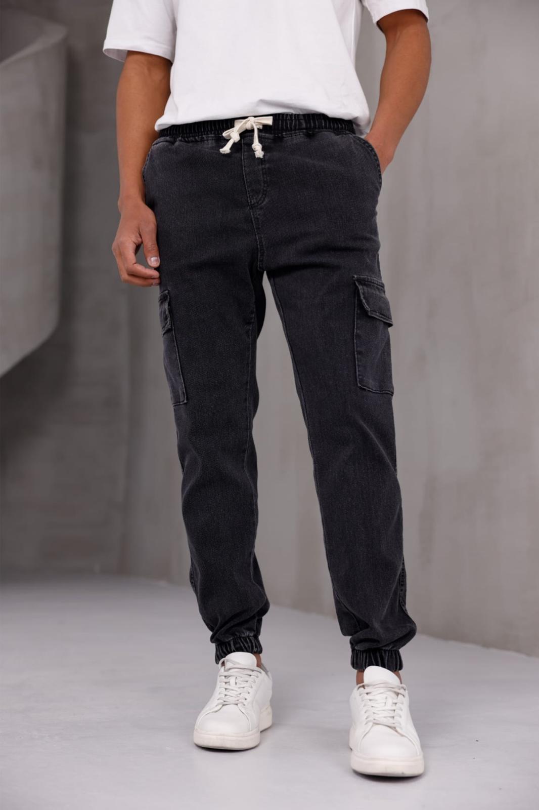 Dasser Paçası ve Beli Lastikli Slim Fit Likralı Kot Kargo Pantolon