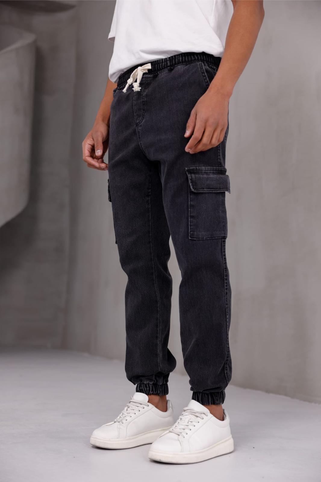Dasser Paçası ve Beli Lastikli Slim Fit Likralı Kot Kargo Pantolon
