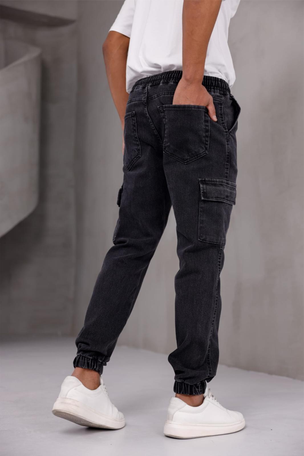 Dasser Paçası ve Beli Lastikli Slim Fit Likralı Kot Kargo Pantolon