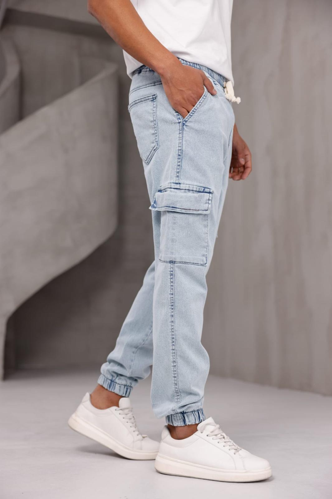 Dasser Paçası ve Beli Lastikli Slim Fit Likralı Kot Kargo Pantolon