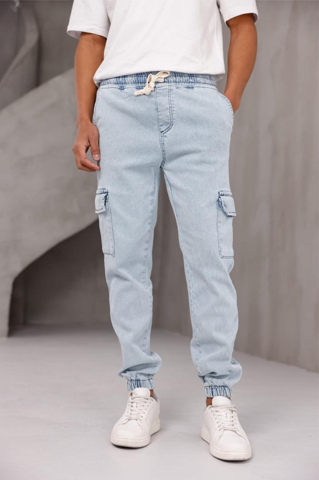 Dasser Paçası ve Beli Lastikli Slim Fit Likralı Kot Kargo Pantolon