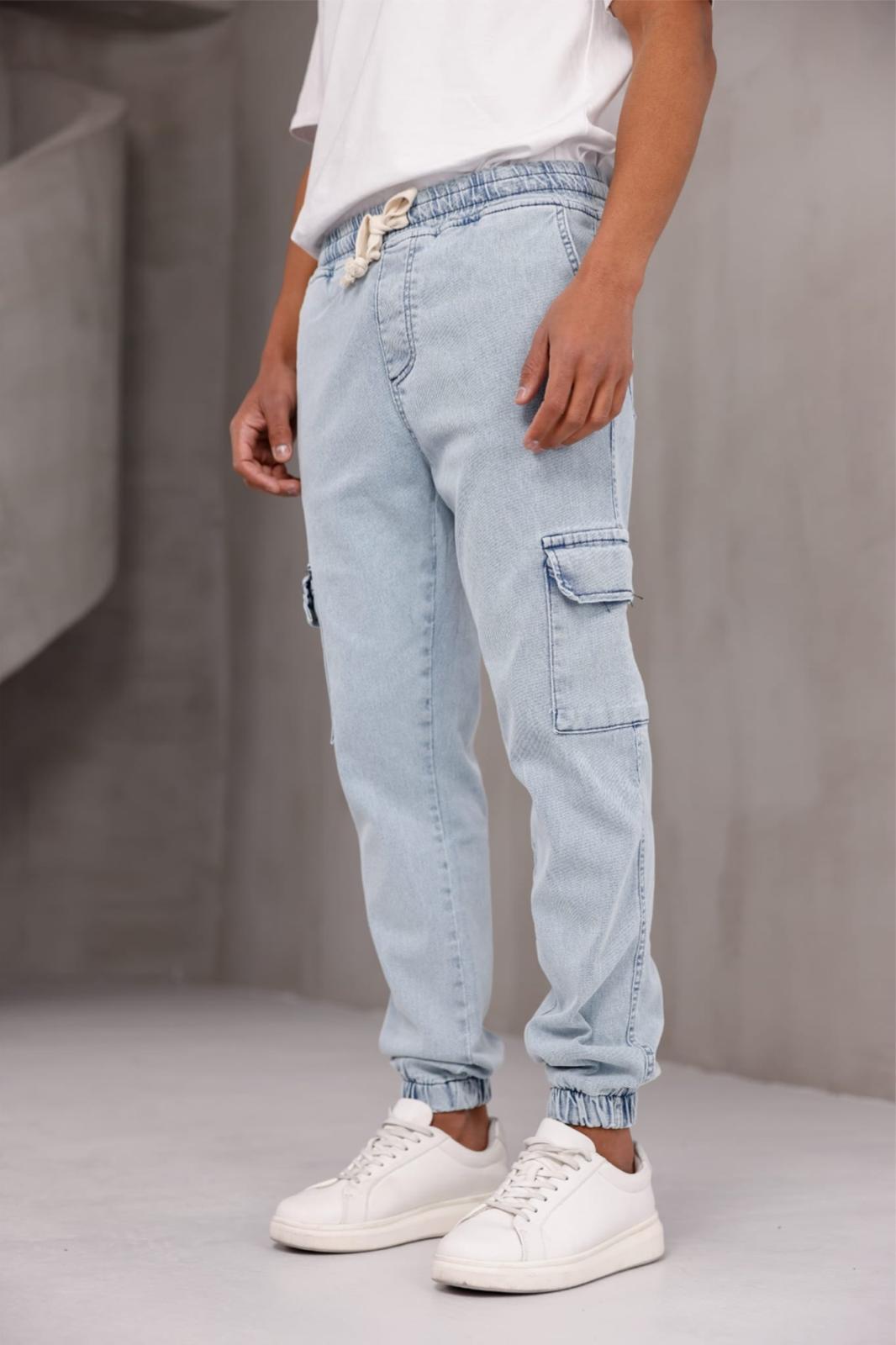 Dasser Paçası ve Beli Lastikli Slim Fit Likralı Kot Kargo Pantolon