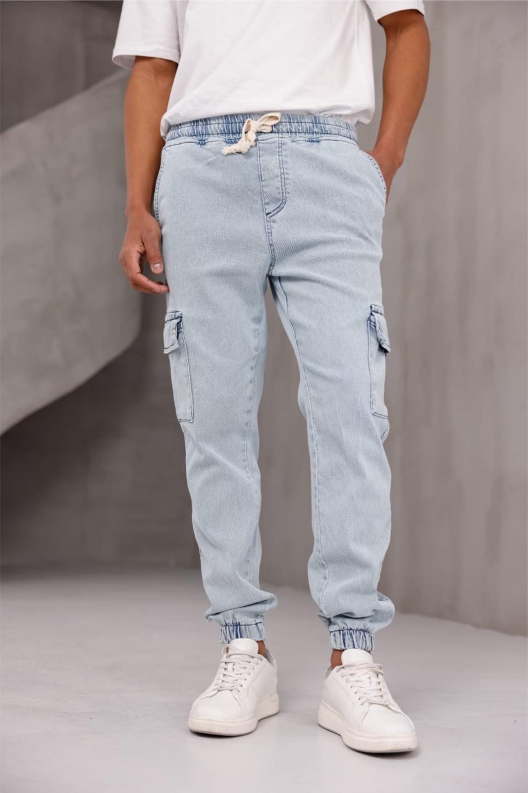Dasser Paçası ve Beli Lastikli Slim Fit Likralı Kot Kargo Pantolon