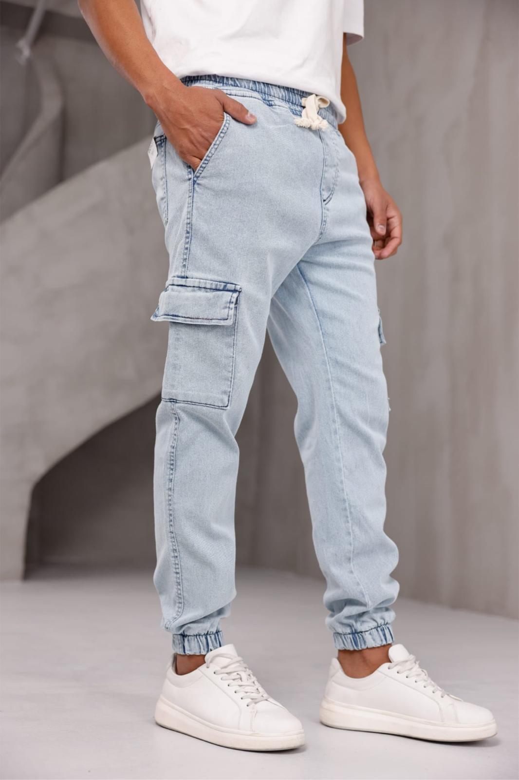 Dasser Paçası ve Beli Lastikli Slim Fit Likralı Kot Kargo Pantolon