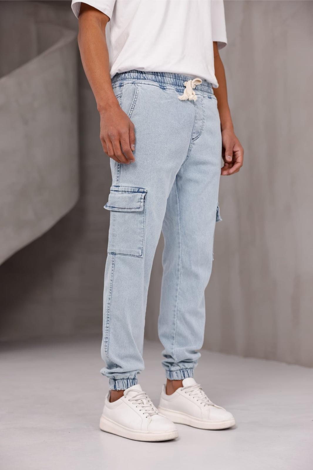 Dasser Paçası ve Beli Lastikli Slim Fit Likralı Kot Kargo Pantolon