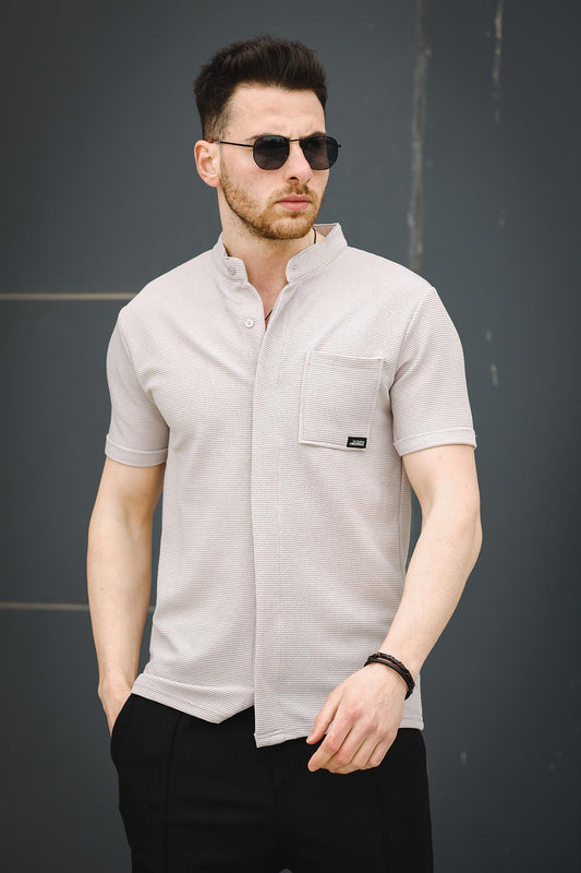 Dennie Tek Cep Gizli Düğmeli Waffle Kumaş Slim Kısa Kol Hakim Yaka Erkek Gömlek