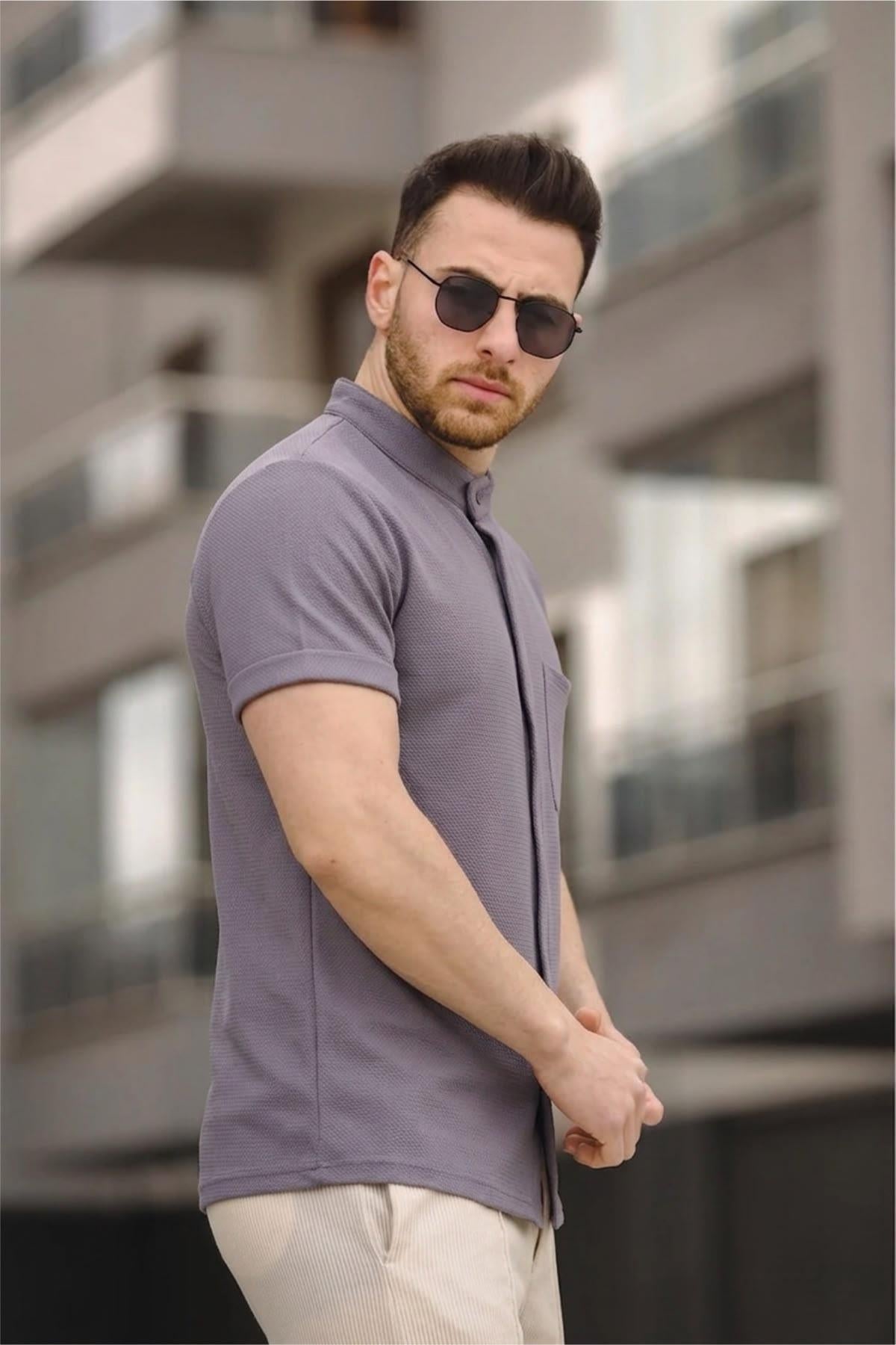 Dennie Tek Cep Gizli Düğmeli Waffle Kumaş Slim Kısa Kol Hakim Yaka Erkek Gömlek