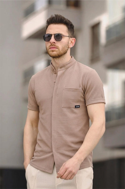 Dennie Tek Cep Gizli Düğmeli Waffle Kumaş Slim Kısa Kol Hakim Yaka Erkek Gömlek
