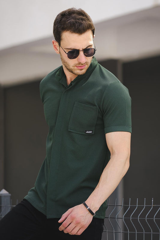 Dennie Tek Cep Gizli Düğmeli Waffle Kumaş Slim Kısa Kol Hakim Yaka Erkek Gömlek